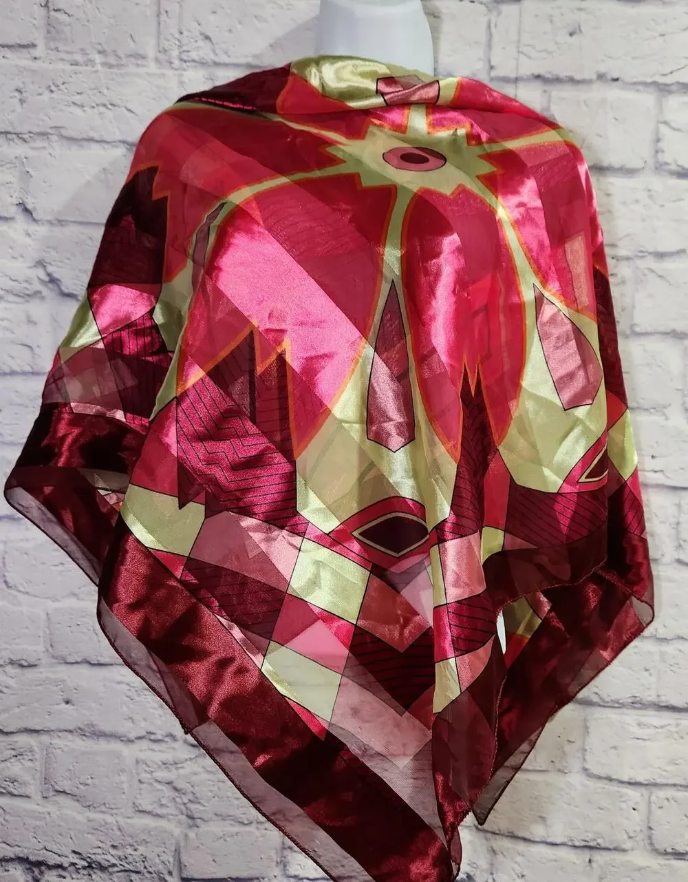 Burgundy Red Lime Green Geo Print Scarf Flowy Soft Lightweight Sheer